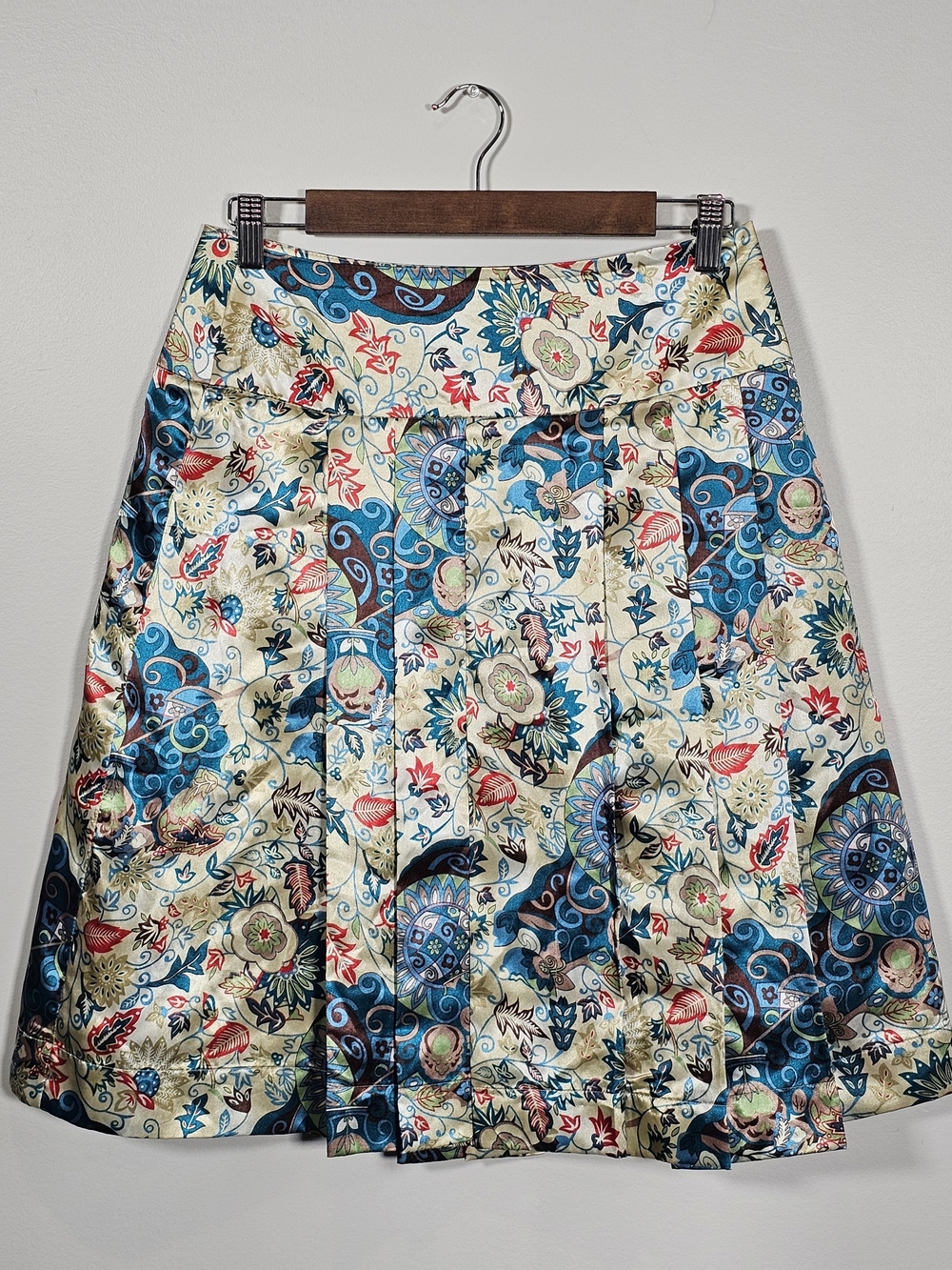 Danier Cream, Teal and Navy Floral Paisley A-Line Skirt Sz 6